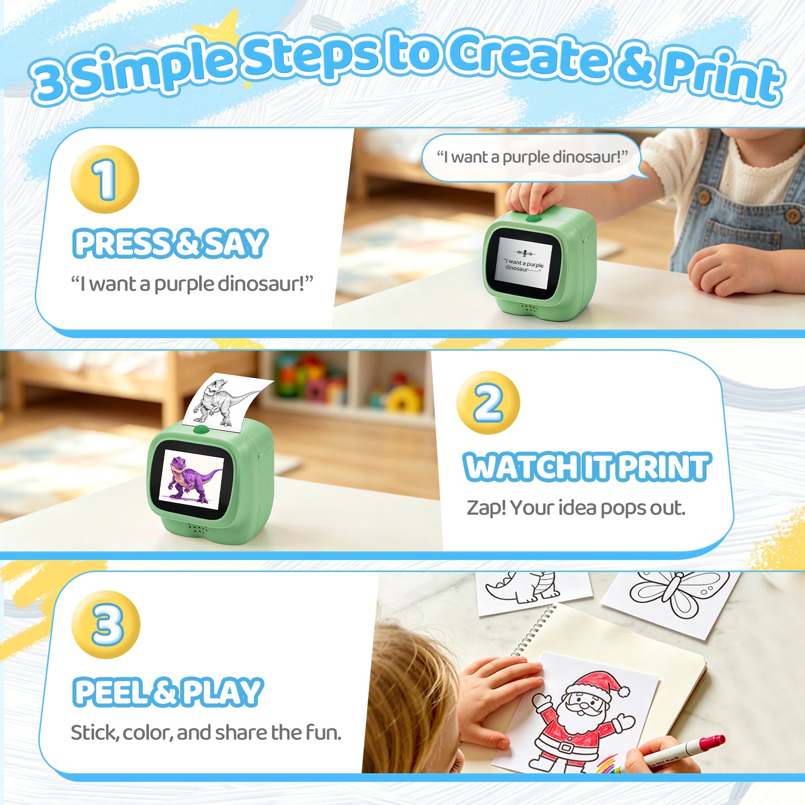 WiseElf AI Voice-Powered Sticker Printer for Kids, Thermal Inkless